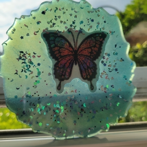 NEW Handmade Blue Resin Tray/ Coaster Piece With Butterfly And Moons Etc. - Picture 12 of 12